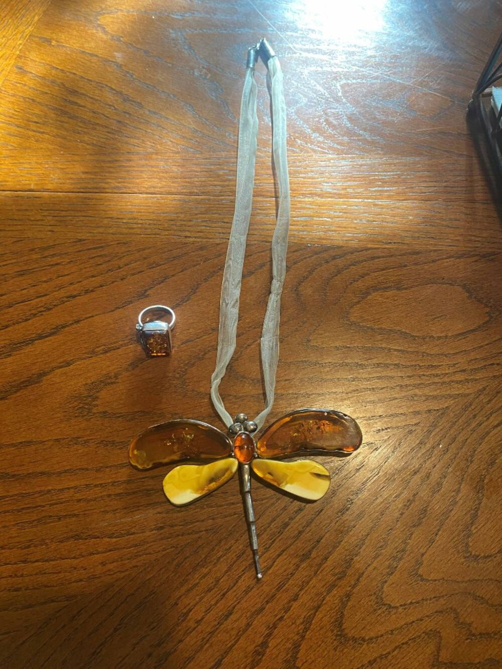Baltic Amber & Sterling Silver dragonfly Pendant & Baltic Amber Cabochon Ring